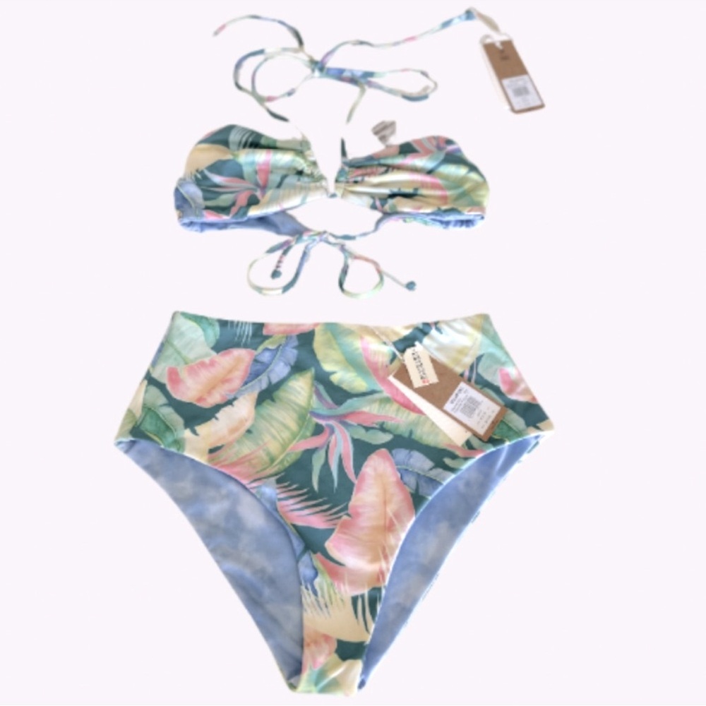 Billabong Tropical Leaf Bandeau Bikini Set in Green, Pink, Blue